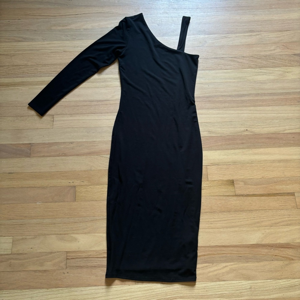 Good American size 2 (M) Black one shoulder bodycon midi dress